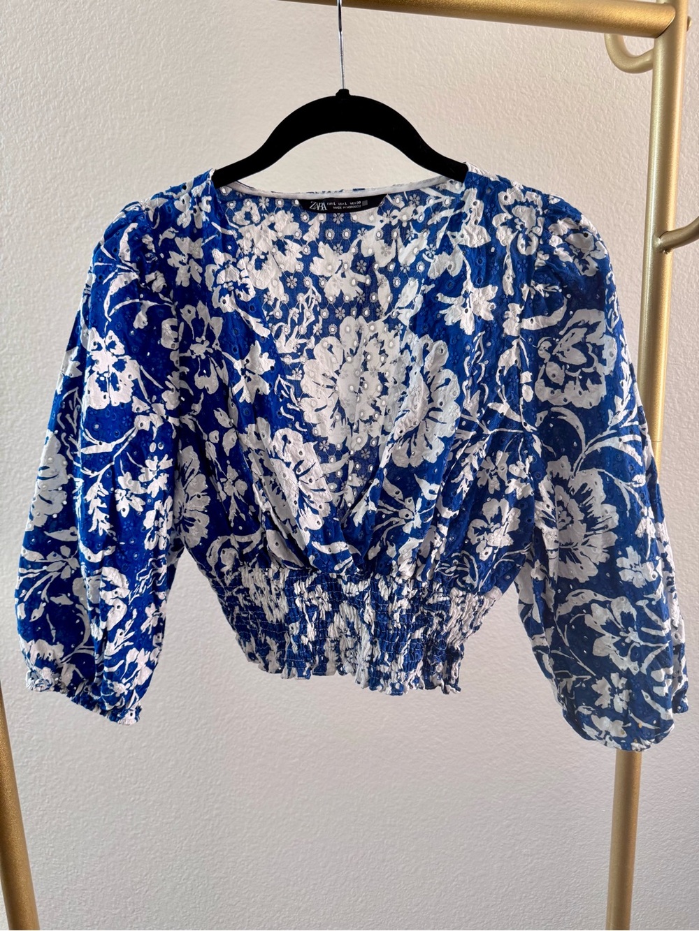 Zara Royal Blue & White Floral Smocked Crop Blouse